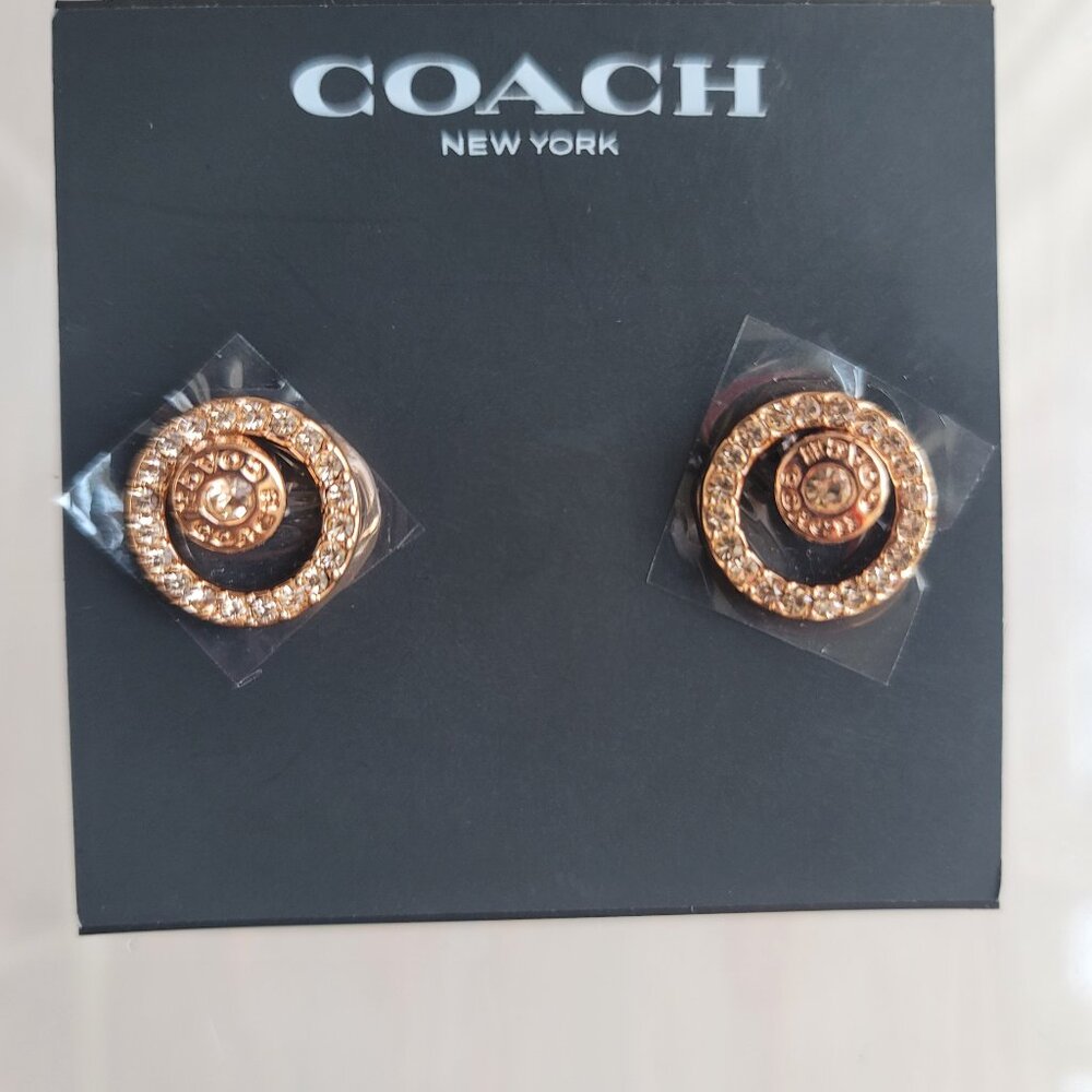 COACH Signature Rose Gold-Tone Open Circle Pave Crystals Halo Stud Earrings